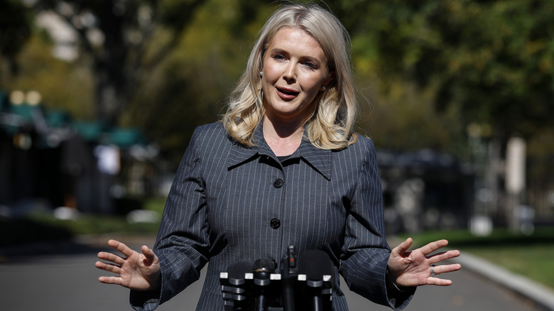 White House Press Secretary Karoline Leavitt speaks to reporters outside of the White House on October 16, 2025 in Washington, DC.