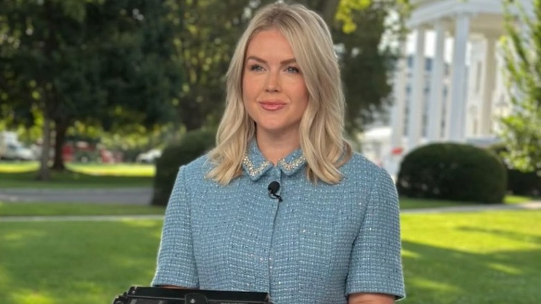 Karoline Leavitt prepares to speak to the cameras outside the White House (2025)