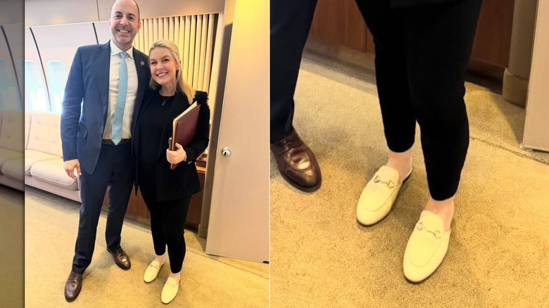 Caroline Leavitt poses next to a suit-clad man while wearing white Gucci shoes