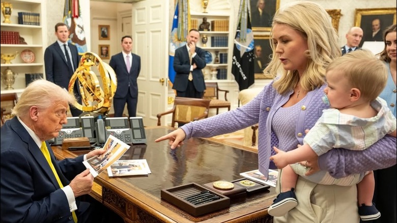 Karoline Leavitt holding her son and pointing at Donald Trump