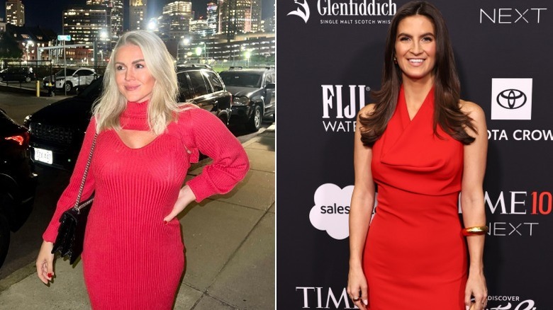 Split image of Karoline Leavitt in a red dress from 2023 and Kaitlan Collins in a red dress from 2024