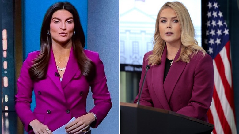 Split image of Kaitlan Collins in a purple blazer and Karoline Leavitt in a purple blazer (2025)