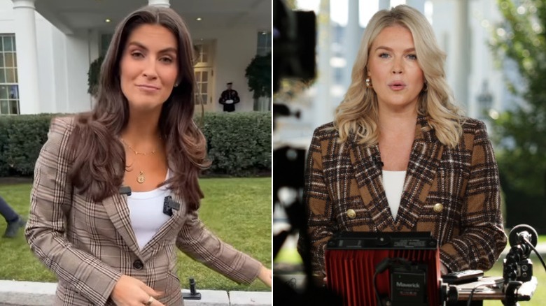 Split image of Kaitlan Collins in a plaid blazer and Karoline Leavitt in a plaid blazer circa 2025
