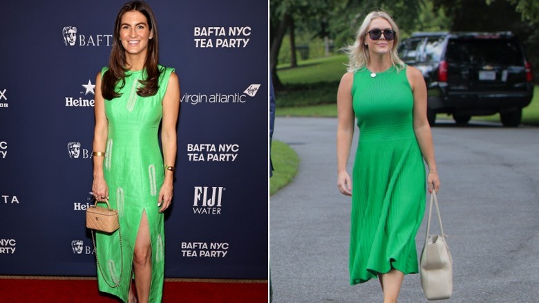 Split image of Kaitlan Collins in a green dress in 2024 and Karoline Leavitt in a green dress in 205