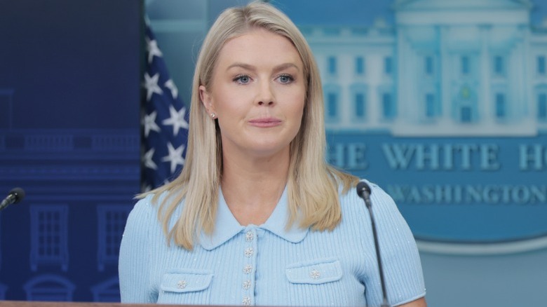 Karoline Leavitt purses her lips during a press briefing in the White House (2025)