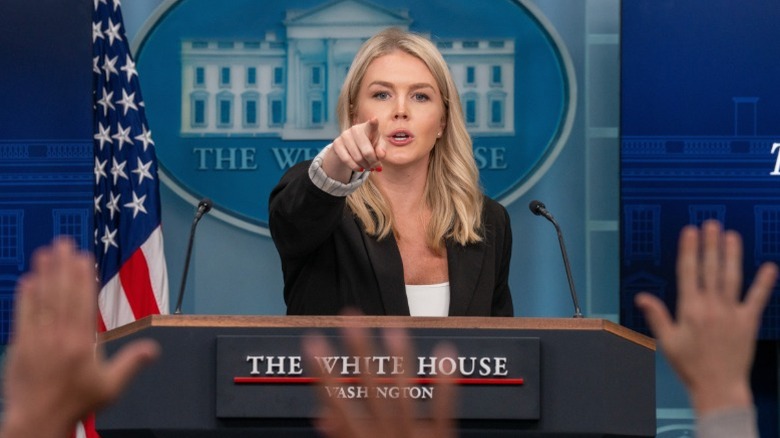 Karoline Leavitt points at a reporter during a press briefing in the White House (2025)