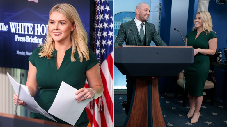 split screen of Karoline Leavitt smiling at the White House podium