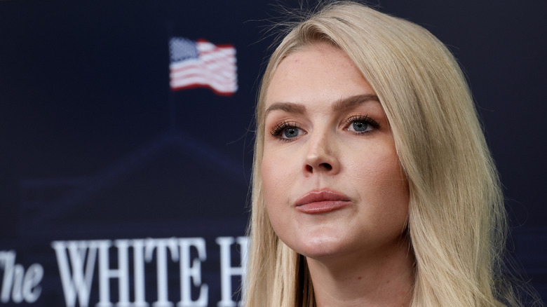 Karoline Leavitt pursing her lips during White House press briefing