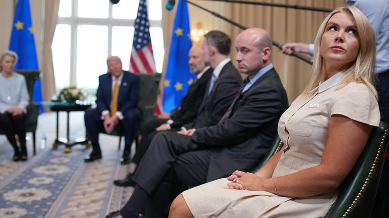 Karoline Leavitt looking away at European Commission meeting