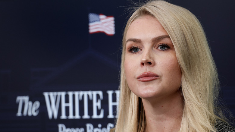 Karoline Leavitt's small nose and full lips captured during a press briefing