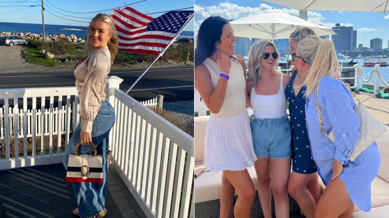 Side-by-side photos of Karoline Leavitt holding expensive handbags