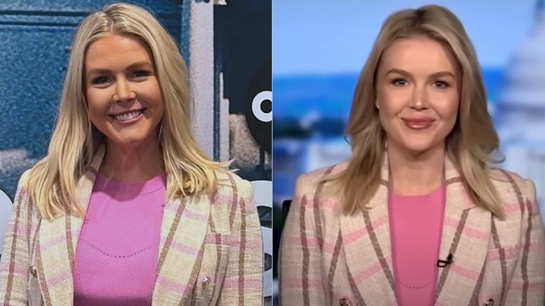 Split images of Karoline Leavitt wearing the same pink and brown plaid suit in a photo and screengrab taken a year apart