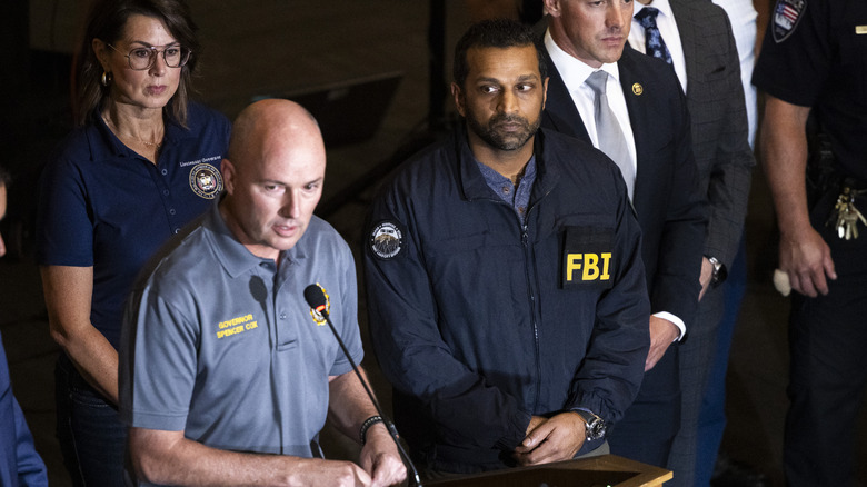 Kash Patel attends the press conference in Utah for Charlie Kirk's shooting in his FBI jacket