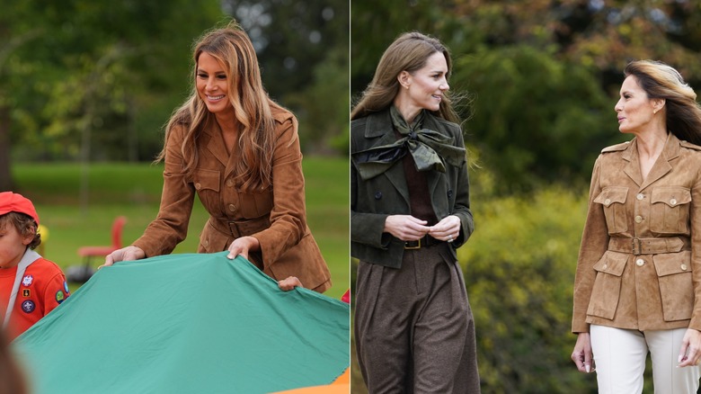 Melania Trump holding a parachute & Kate Middleton talking to Melania Trump