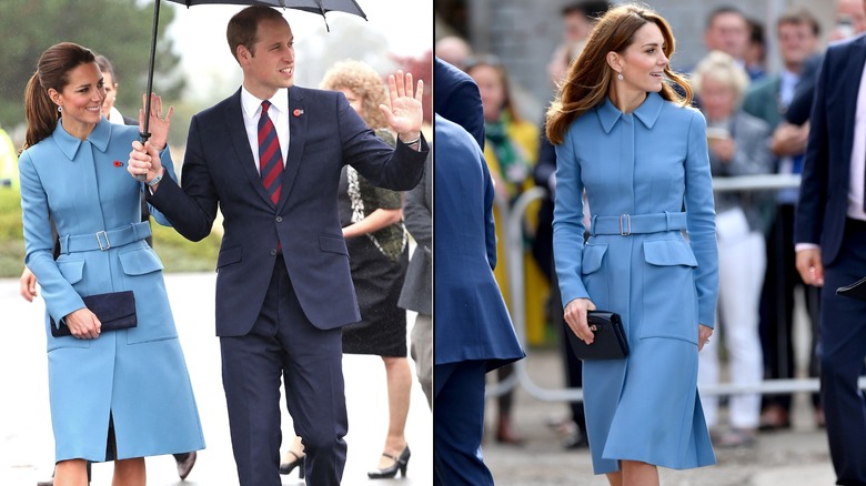 Kate Middleton visits "Knights of the Sky" exhibition on April 10, 2014 in Wellington, New Zealand (left), Kate Middleton officially names the RSS Sir David Attenborough during the naming ceremony in England in September 2019.
