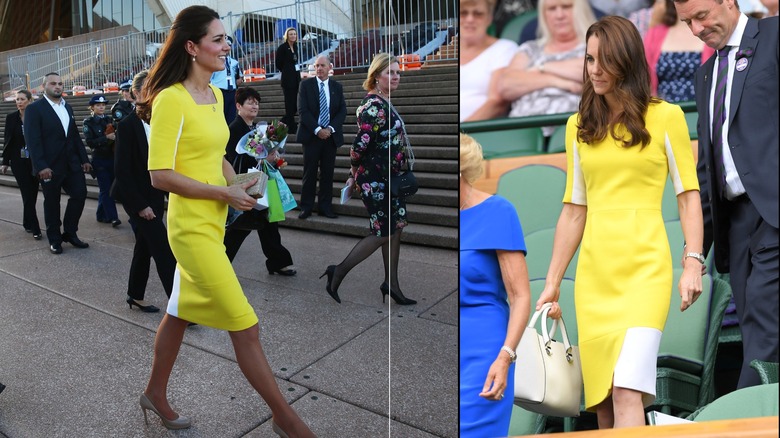 Kate Middleton greets the crowds of public outside Sydney Opera House on April 16, 2014 (left), Kate Middleton at Wimbledon Tennis Championships at Wimbledon on July 07, 2016 (right)