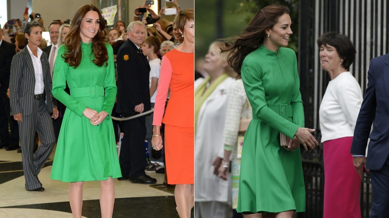 Kate Middleton at Parliament House on April 24, 2014 in Canberra, Australia (left), Kate Middleton at the Chelsea Flower Show in May 2016 (right)