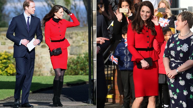 Kate Middleton visits the University of St Andrews on February 25, 2011 in St Andrews, Scotland (left), Kate Middleton attends the Place2Be event in London in February 2017 (right)