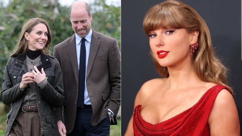 Catherine, Princess of Wales and Prince William, Prince of Wales tour Long Meadow's orchards during a visit to Long Meadow Cider on October 14, 2025 in Craigavon, Northern Ireland (Left), Taylor Swift at the 2025 GRAMMYS in Los Angeles (right).