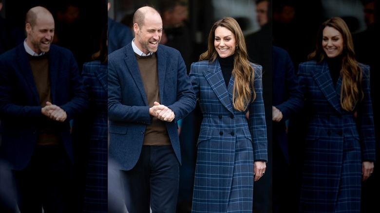 Prince William in blue and Kate Middleton in a blue tone coat smiling