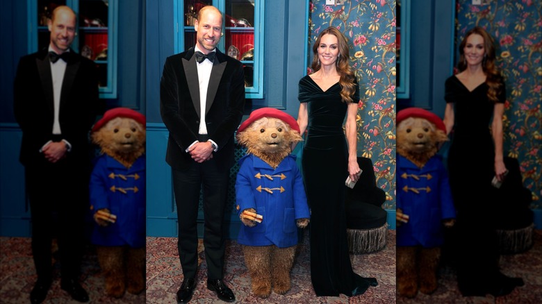 Prince William and Kate Middleton both in velvet standing with a bear