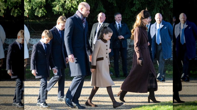 The Wales family arrives for the Christmas service in coordinating shades of browns and blues