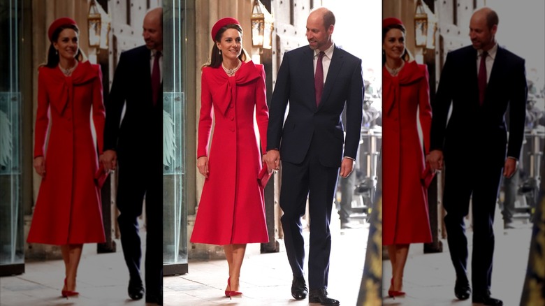 Kate Middleton in red and a red hat and Prince William in a suit with a red tie arriving in a church