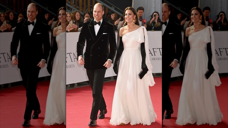 Prince William in a black velvet tuxedo and Kate Middleton in a white dress with black gloves at the BAFTAs