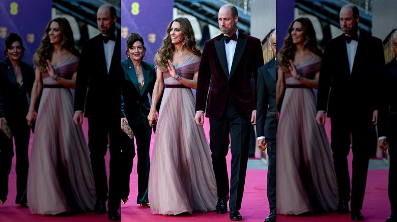 Kate Middleton in a pink blush gown and Prince William in a velvet red blazer arriving together at an event