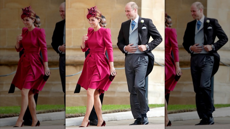 Princess Catherine wearing a raspberry-colored dress and walking beside Prince William.
