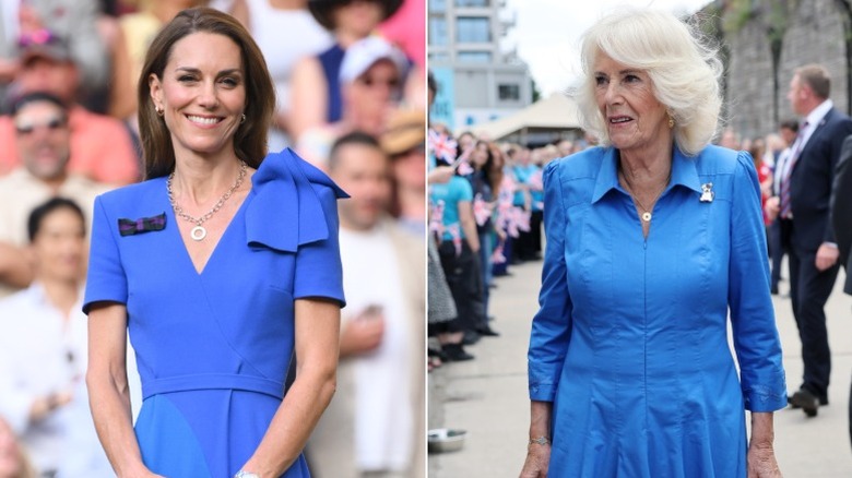 Catherine, Princess of Wales (left) at Wimbledon 2025, opposite Queen Camilla at an event in July 2025.