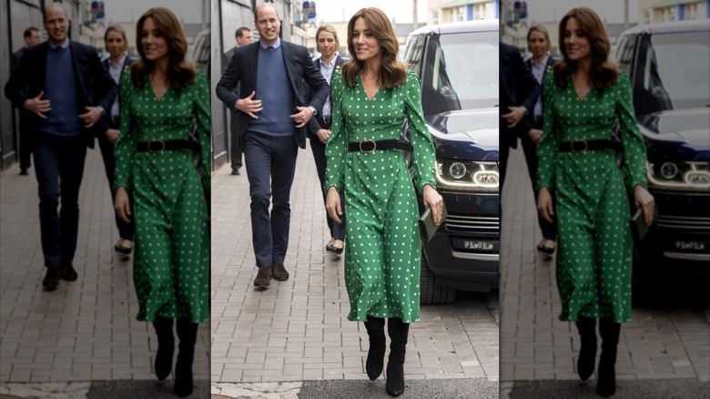 Princess Catherine wearing dress with green and white polka dots, a black belt, and boots