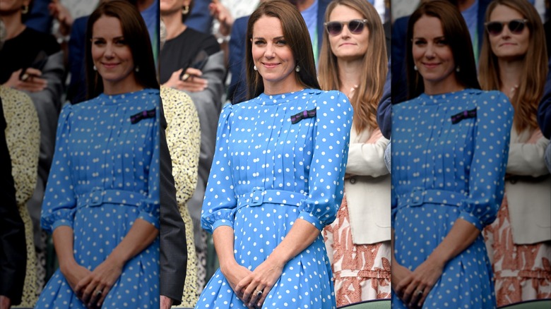 Princess Catherine in the stands at Wimbledon wearing a blue dress with white dots