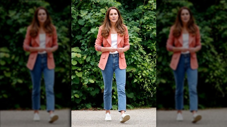 Kate Middleton wearing coral blazer, jeans