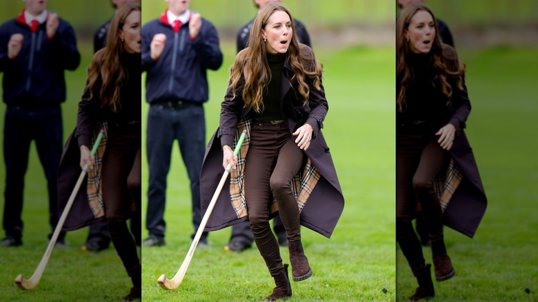 Kate Middleton wearing brown while playing shinty