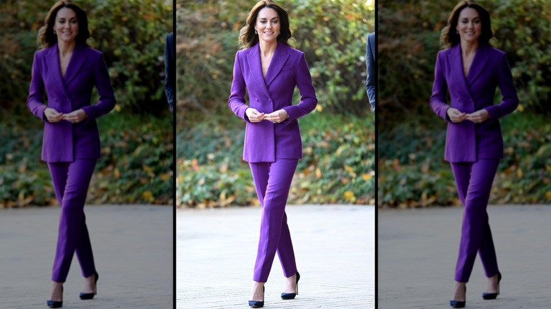 Princess Catherine walks outside in a bright purple pantsuit