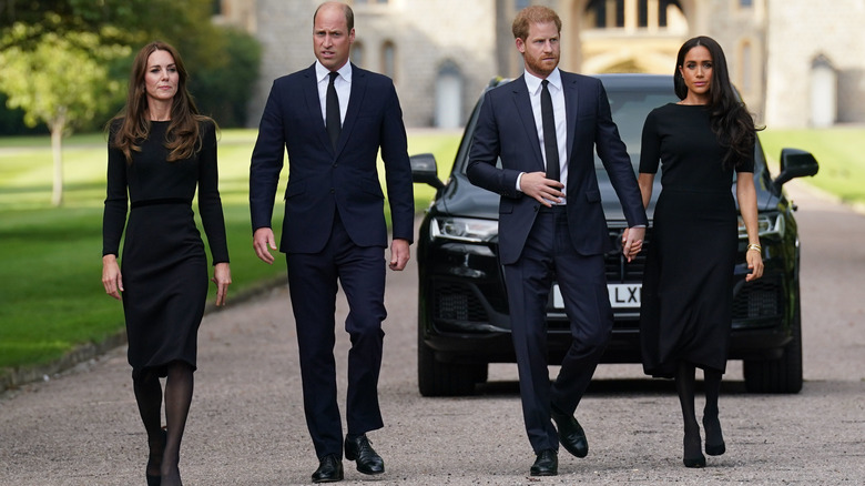 Prince Harry, Prince William, Kate Middleton, and Meghan Markle walking