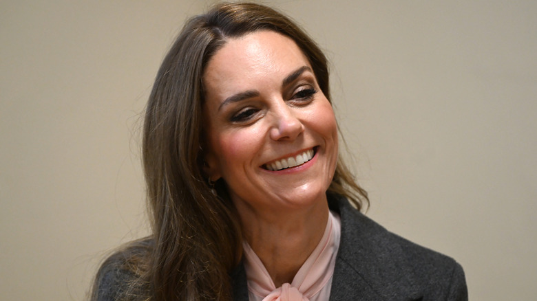 Kate Middleton with long dark hair in Southport, England in September 2025