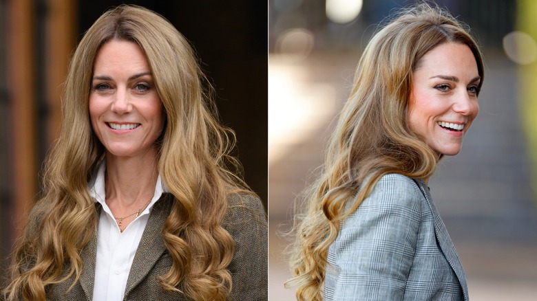Kate Middleton with blonde hair besides an image of Kate Middleton with her blonde hair tucked behind her ears.