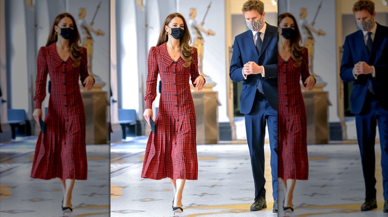Kate Middleton in a red houndstooth dress at the V&A Museum in 2021