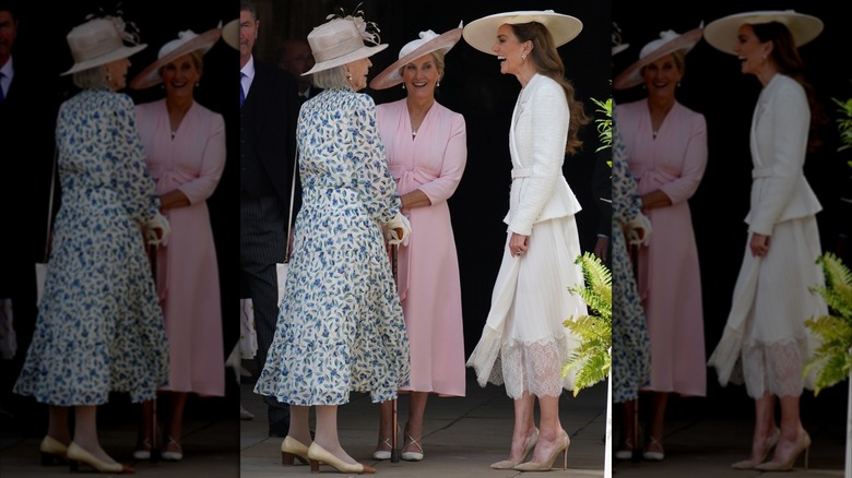 Kate Middleton talking to Sophie, Duchess of Edinburgh and a third, unidentified woman at Order of the Garter 2025
