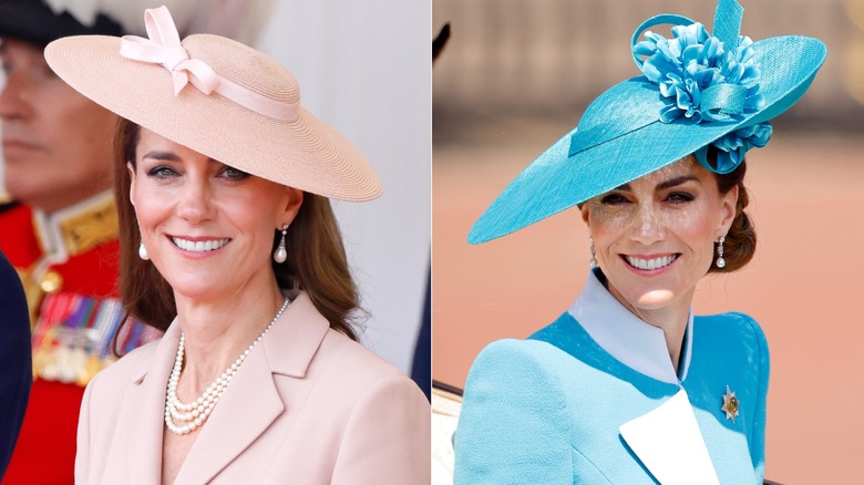 Side by side photos of Kate Middleton wearing hats