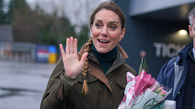 Catherine, Princess of Wales waves as she leaves after a visit to Wakefield Trinity Rugby League club on January 27, 2026 in Wakefield, England.
