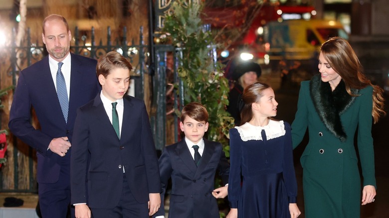 Prince William, Prince George, Prince Louis, Princess Charlotte, and Kate Middleton walking outside (December 2025)
