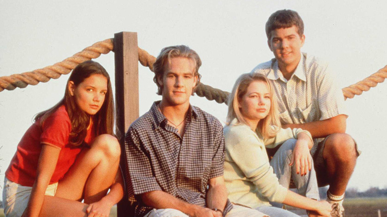 The core cast of "Dawson's Creek" sit on a dock in an early episode