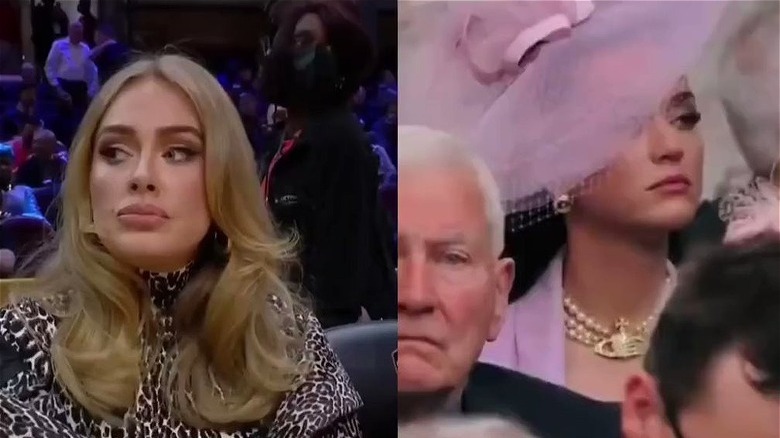 Left: Adele at NBA game, Right: Katy Perry at coronation