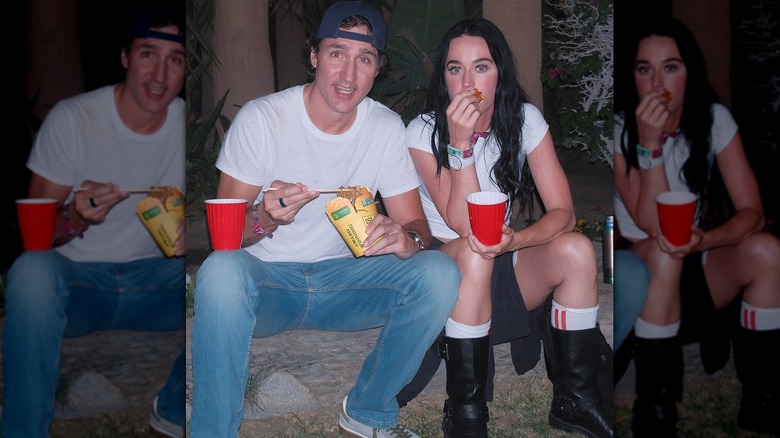 Justin Trudeau eating noodles alongside Katy Perry with red Solo cups