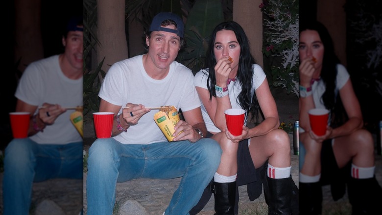 Justin Trudeau and Katy Perry sitting with red solo cups at Coachella