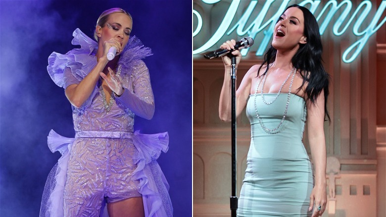 Left: Carrie Underwood performing, Right: Katy Perry performing