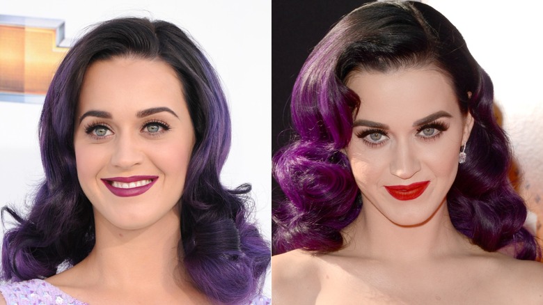 Split image of Katy Perry with purple hair at Billboard Music Awards and on the red carpet for "Katy Perry: Part of Me"